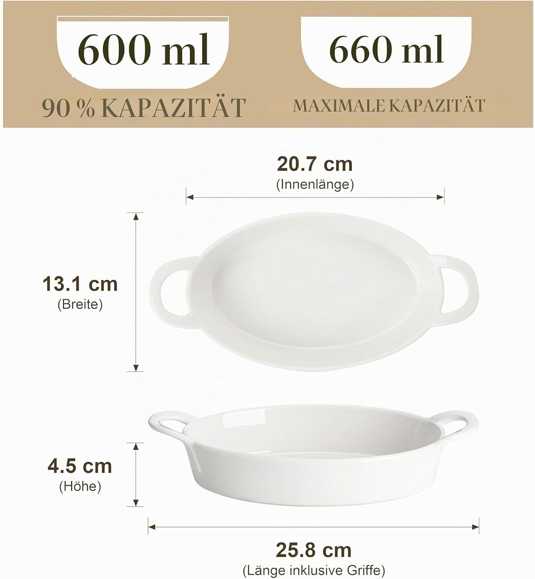 MALACASA Auflaufform Klein 4er Set, 600ML Auflaufform mit Griffen, Ovale Auflaufformen aus Keramik,