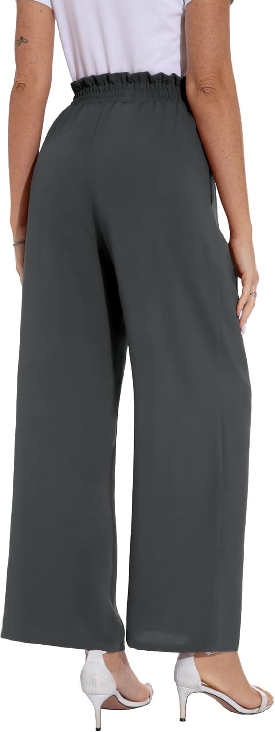 PrinStory Damen Hose Mit Weitem Bein Leichte Elastische Taille Sommer Hose Mit Taschen Kausale Arbei