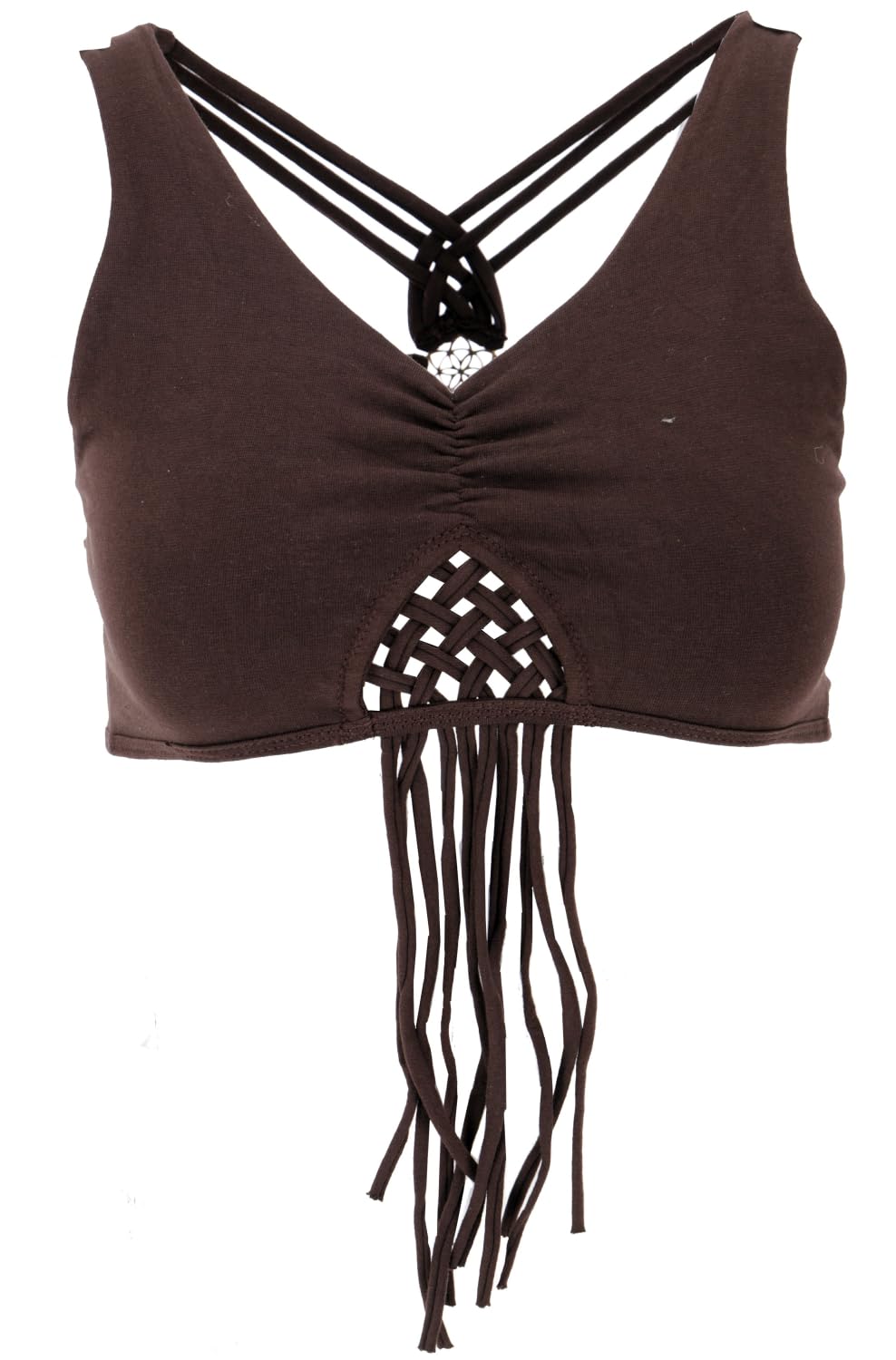 GURU SHOP Goa Psytrance Bikini Top, Top, Pixi Top, Fransentop, Damen, Baumwolle 36 Dunkelbraun, 36 D