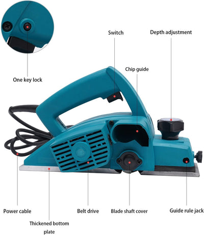 800W Holzhobel Elektrohobel Profi Hobelmaschine Handhobel,Einstellbare Elektrisch Fräsen Aluminium H