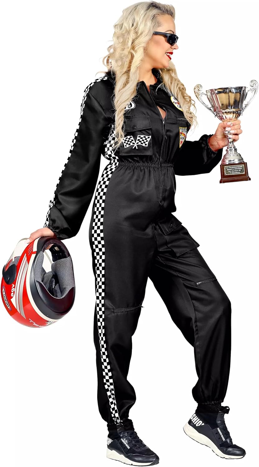 Widmann Rennfahrer Kostüm Overall Jumpsuit schwarz Anzug exklusiv (Damen Overall, X-Large) Schwarz X