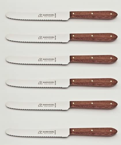 Marsvogel - 6 Stück Tafelmesser mit Wellenschliff - Bubinga Holz Spitz - Made in Solingen 6er Pack T