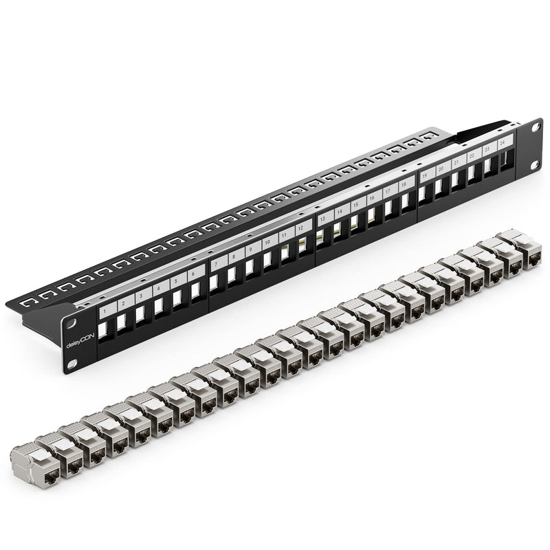 deleyCON 24 Port Patchpanel Set Patchfeld Modular 1 HE 19" Zoll Rackeinbau + 24x Keystone Module CAT