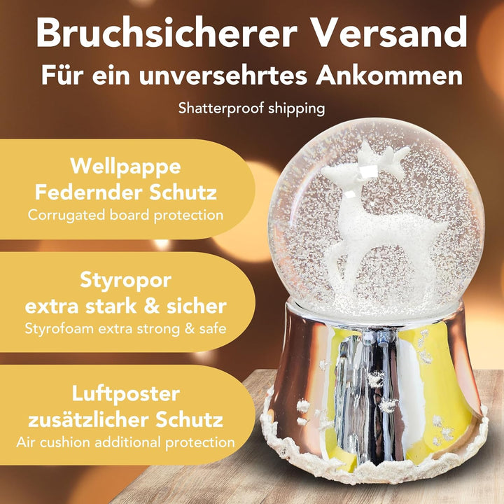 Schneekugel Weihnachten Spieluhr | REH weiss| Sockel Silber glänzend mit Schneeflocken | mit Musik |