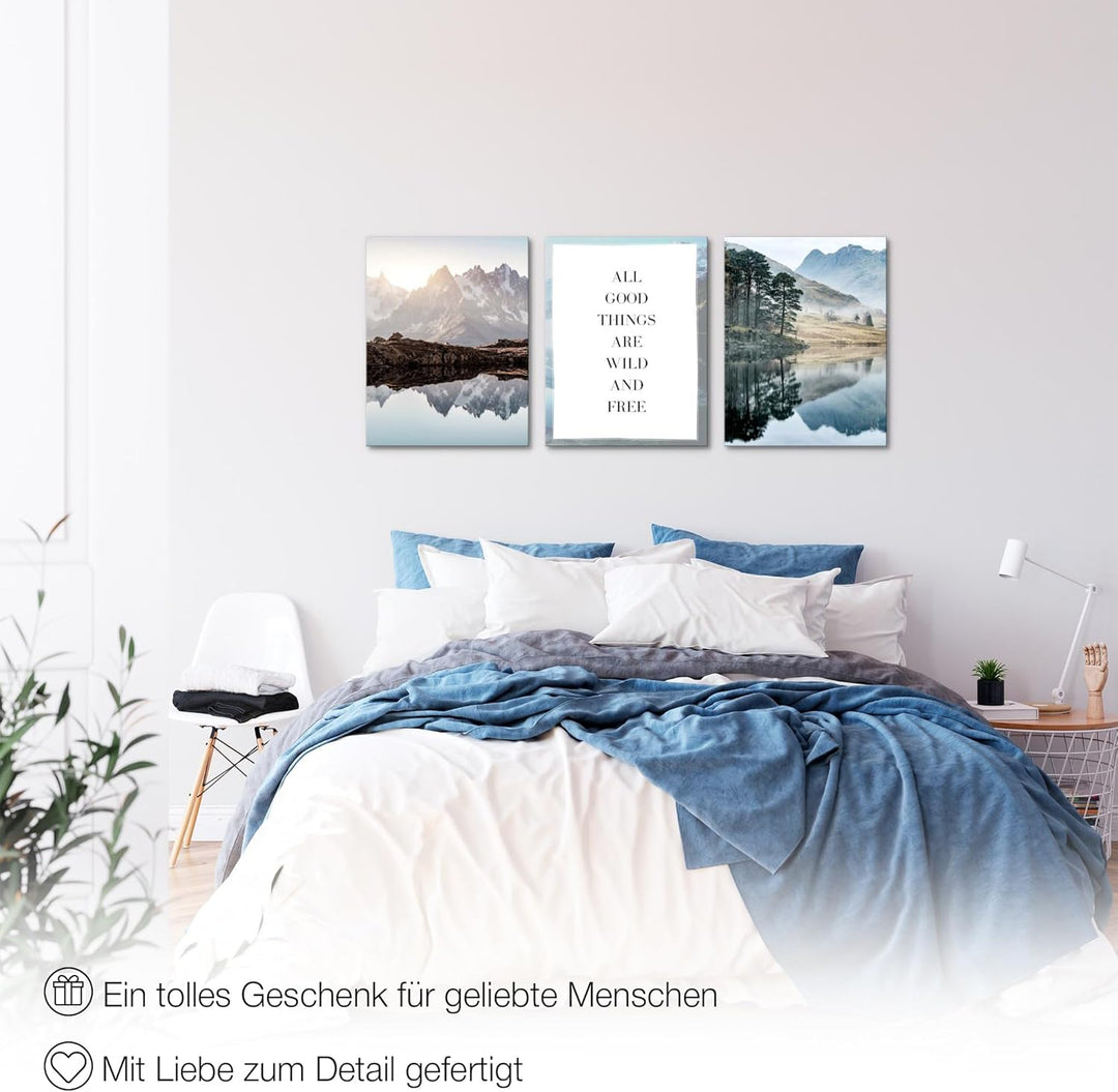 Novart Wandbilder Set See Berge - KOMPLETT AUFHÄNGFERTIG - Wohnzimmer Schlafzimmer Deko - 3 Moderne