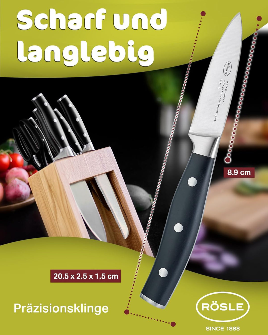 RÖSLE Spickmesser Tradition 9 cm - Hochwertiges und scharfes Küchenmesser zum Schneiden, Spicken und