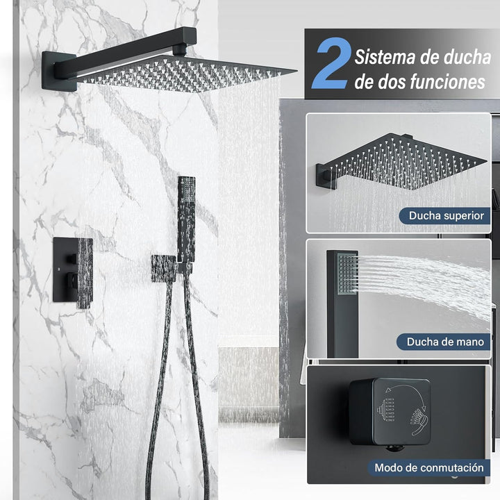 TVTIUO Duschsystem Einbaudusche, Schwarz, Duschsäule für Badezimmer, Duschkopf 30 x 30 cm, Handdusch