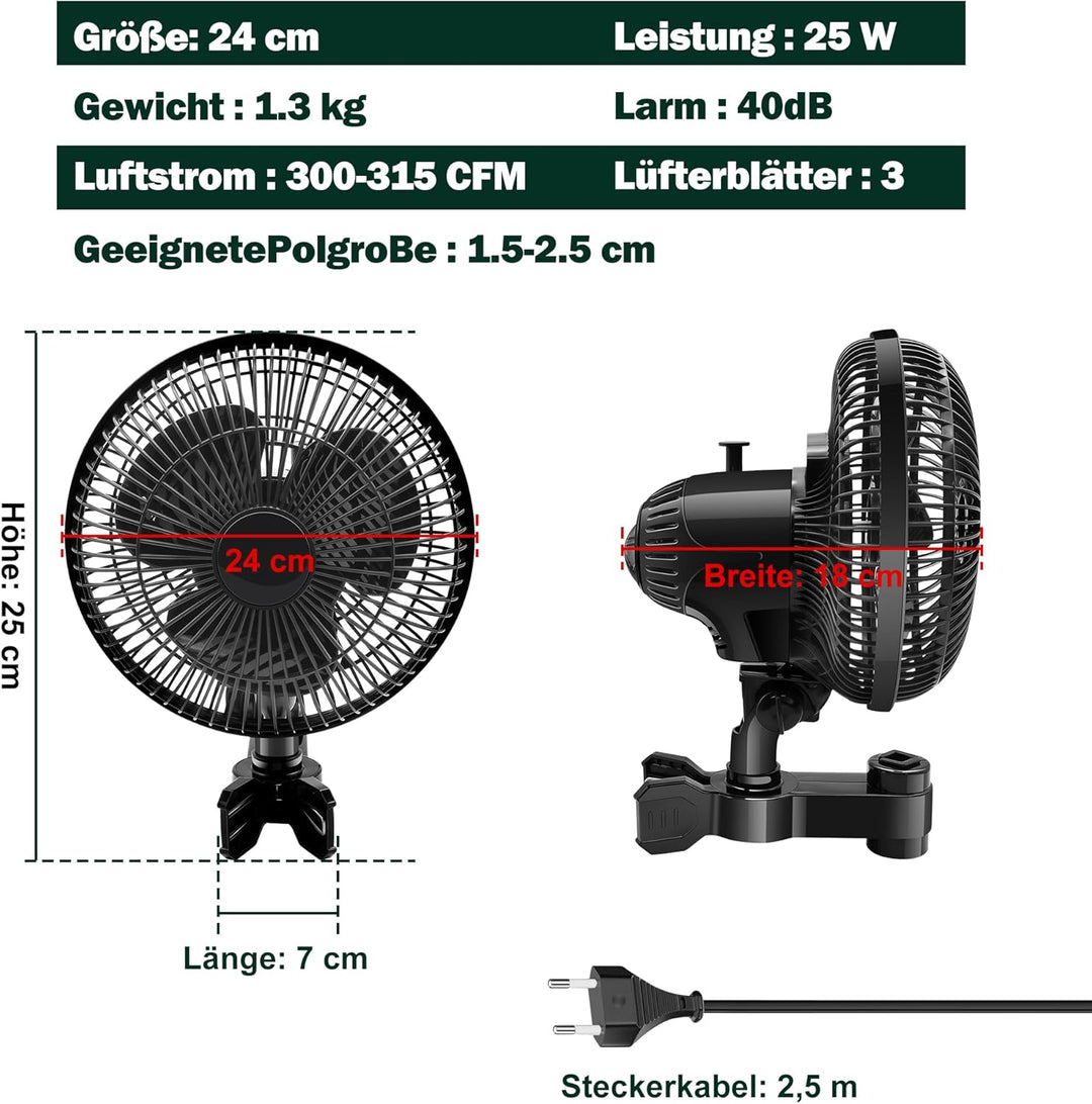 2 Stück Clip Ventilator 220mm für Grow Zelte, 2 Oszillationsstufen | Ventilator, oszillierend, 2 Ges