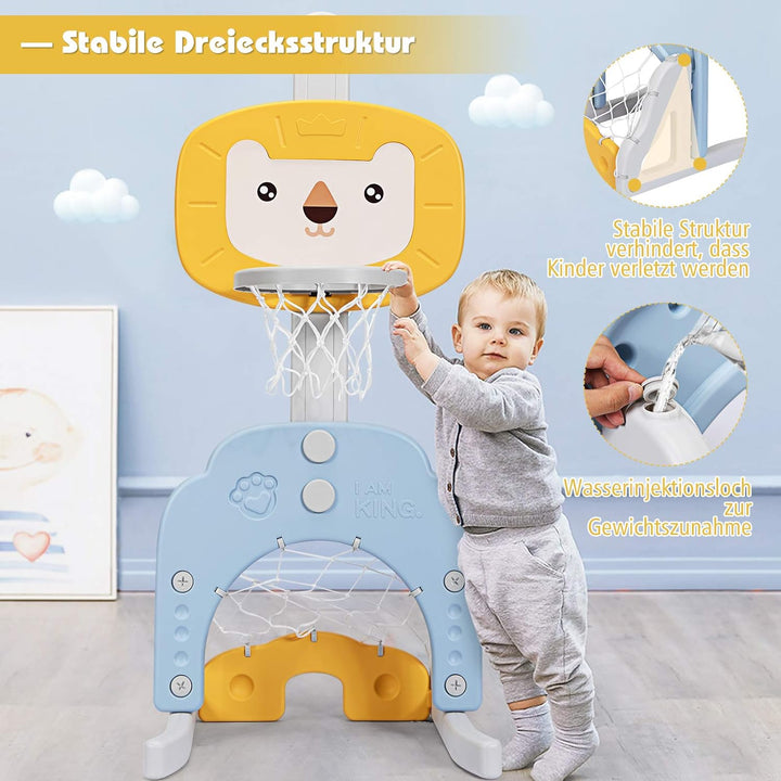 DREAMADE Mini Basketballkorb Kinder, 77-116 cm höhenverstellbarer Basketballständer mit Fussballkorb