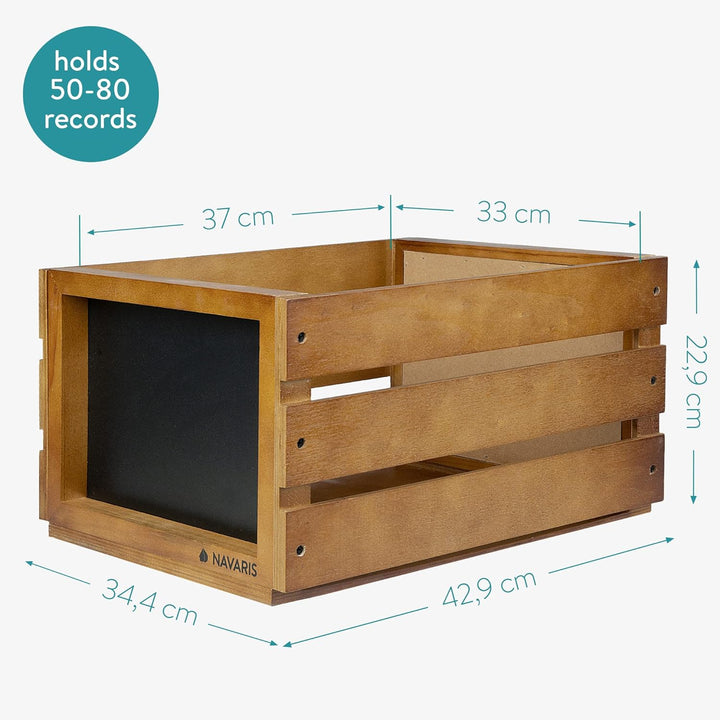 Navaris Holz Schallplatten Kiste mit Kreidetafel - 42,9 x 34,4 x 22,9 cm - für bis zu 80 LP Platten