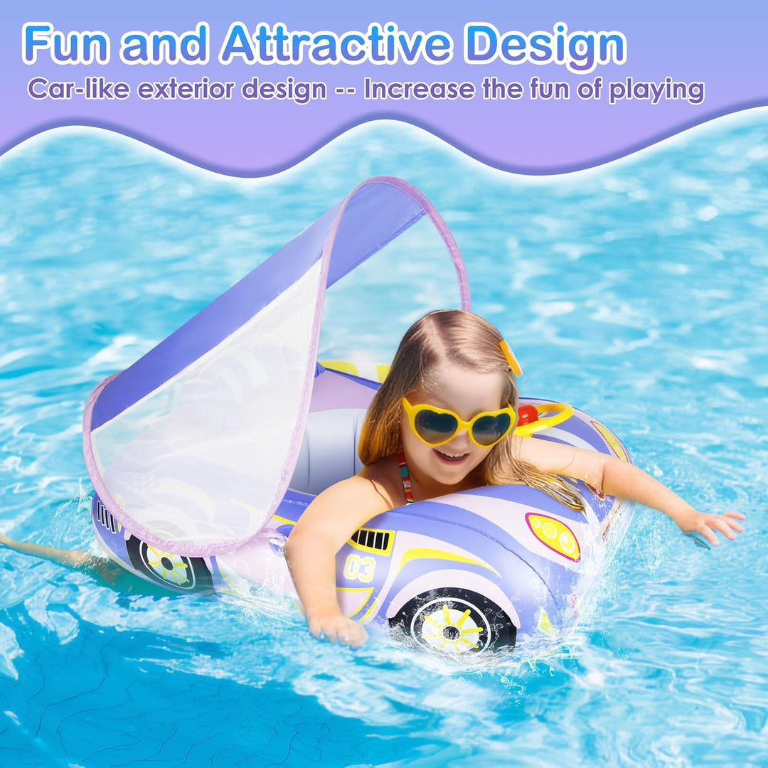 Olycism Baby Schwimmring mit Sonnendach UPF50+ & Spielzeug Spielen Lenkrad Kinderboot Babyschwimmrei