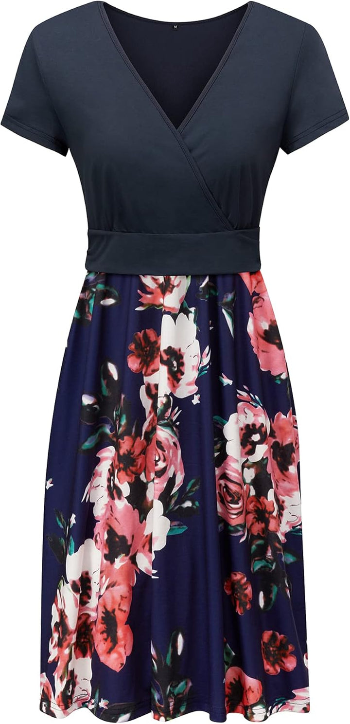 STYLEWORD Damen Sommerkleid Kurzarm V-Ausschnitt Kleider Blumenmuster Kleid Wickelkleid Mit Taschen
