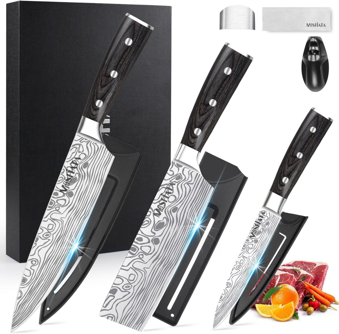 MOSFiATA Küchenmessersets, Küchenmesser Set 3, Kochmesser aus Hochwertigem Carbon Edelstahl, Hackmes
