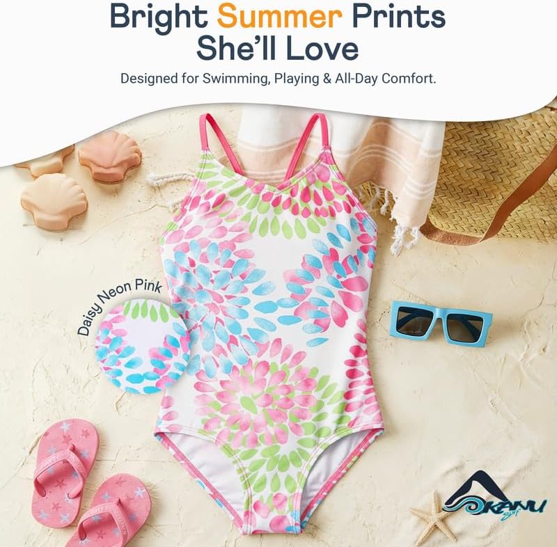 Kanu Surf Girls' Big Daisy Beach Sport 1-Piece Swimsuit, Suzie Pink Dot, 12