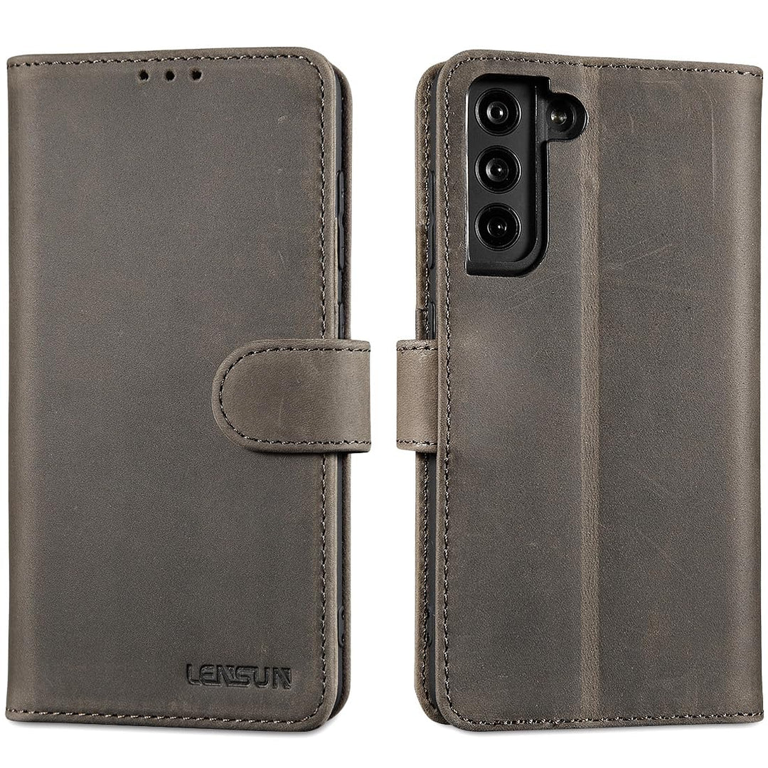LENSUN Lederhülle für Samsung Galaxy S21 FE, Echtleder Handyhülle [Echtes Leder][RFID Schutz] Klappb