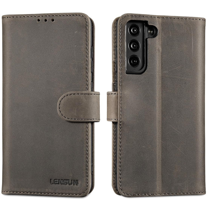 LENSUN Lederhülle für Samsung Galaxy S21 FE, Echtleder Handyhülle [Echtes Leder][RFID Schutz] Klappb