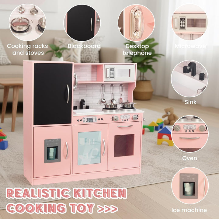 WOODENFUN Kinderküche Holz Spielküche für Kinder mit Blackboard, Telefon, Topf, Topfschaufel, Gesche