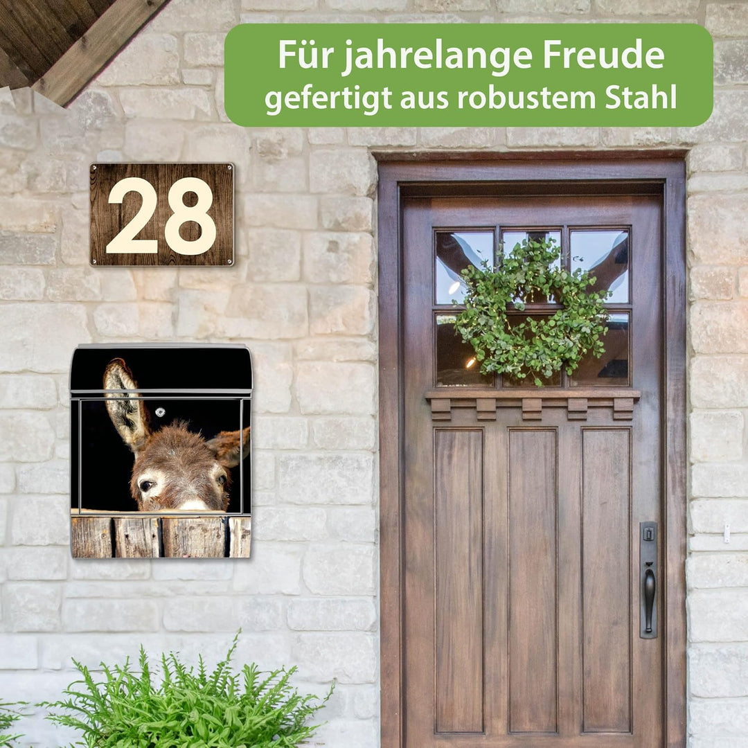 banjado® Design Briefkasten mit Motiv Esel 39x47x14cm &amp; 2 Schlüssel - Briefkasten Stahl Silber mit Z