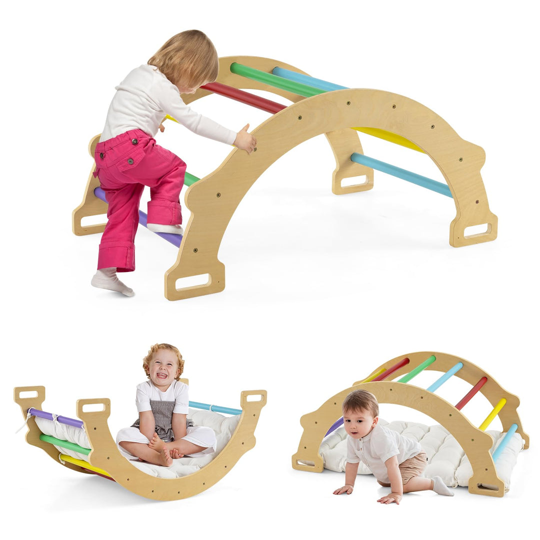 HOMASIS Kletterbogen mit Kissen, Holz Klettergerüst Indoor, Montessori Holzwippe Bogenwippe zum Wipp