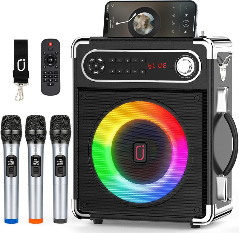 JYX Karaoke Maschine, Karaoke Anlage mit 3 Mikrofonen, Tragbare Bluetooth Lautsprecher für Erwachsen