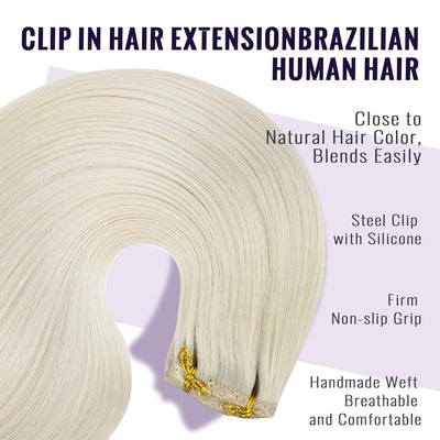 Fshine Echthaar Extensions Clip Weisse Blondine 40cm/16zoll Remy Haarverlängerung Echthaar Clip 120g