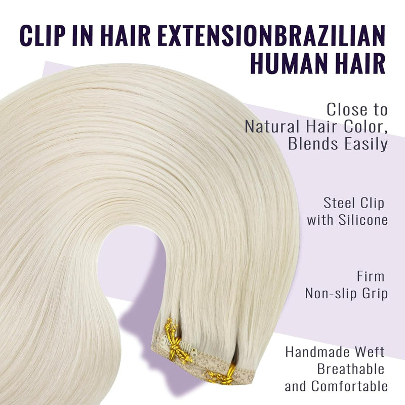Fshine Echthaar Extensions Clip Weisse Blondine 40cm/16zoll Remy Haarverlängerung Echthaar Clip 120g
