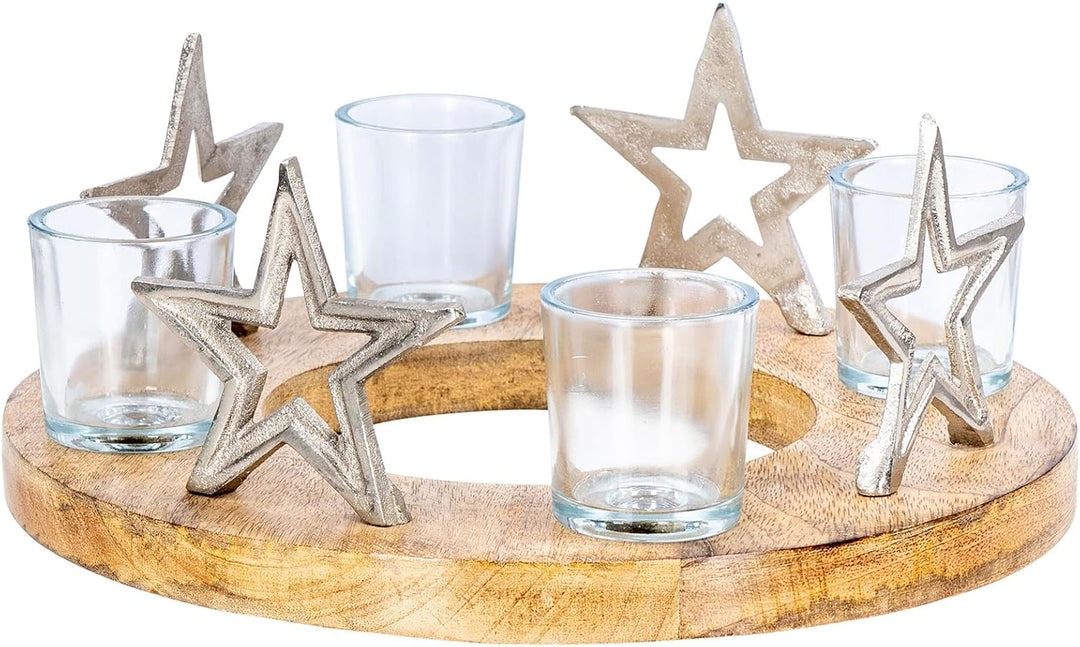 levandeo Adventskranz ø30cm Mango Holz Silber Natur Kerzenhalter Sterne Weihnachten Teelichthalter W