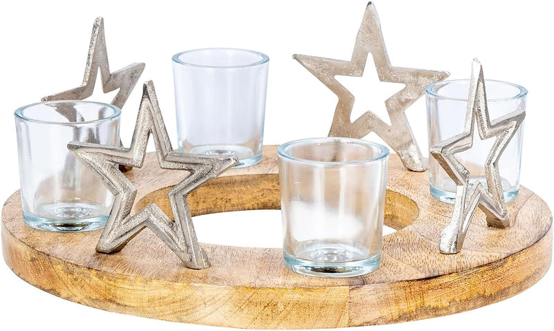 levandeo Adventskranz ø30cm Mango Holz Silber Natur Kerzenhalter Sterne Weihnachten Teelichthalter W