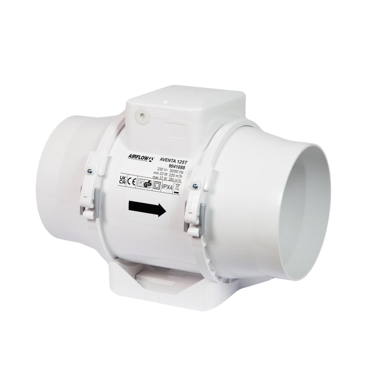Airflow Aventa 125T – Inline-Lüfter mit Timer, 23W, 61–78l/s, 2 Stufen, Timer 2–30Min, kompakt (190×