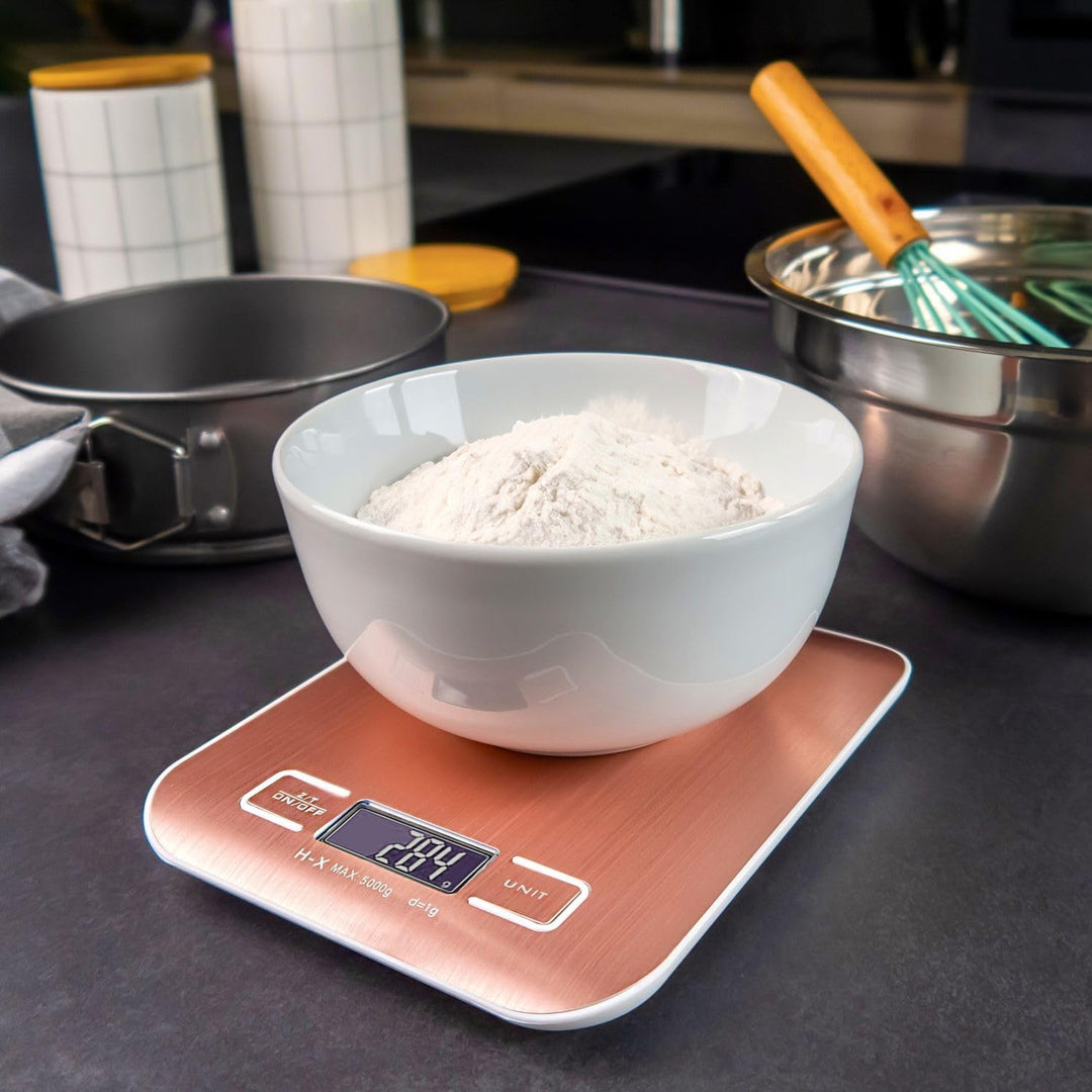 Digitale Küchenwaage 5 kg -ROSÉ GOLD- Wiederaufladbar per USB & Batteriebetrieb- Elektronische Waage