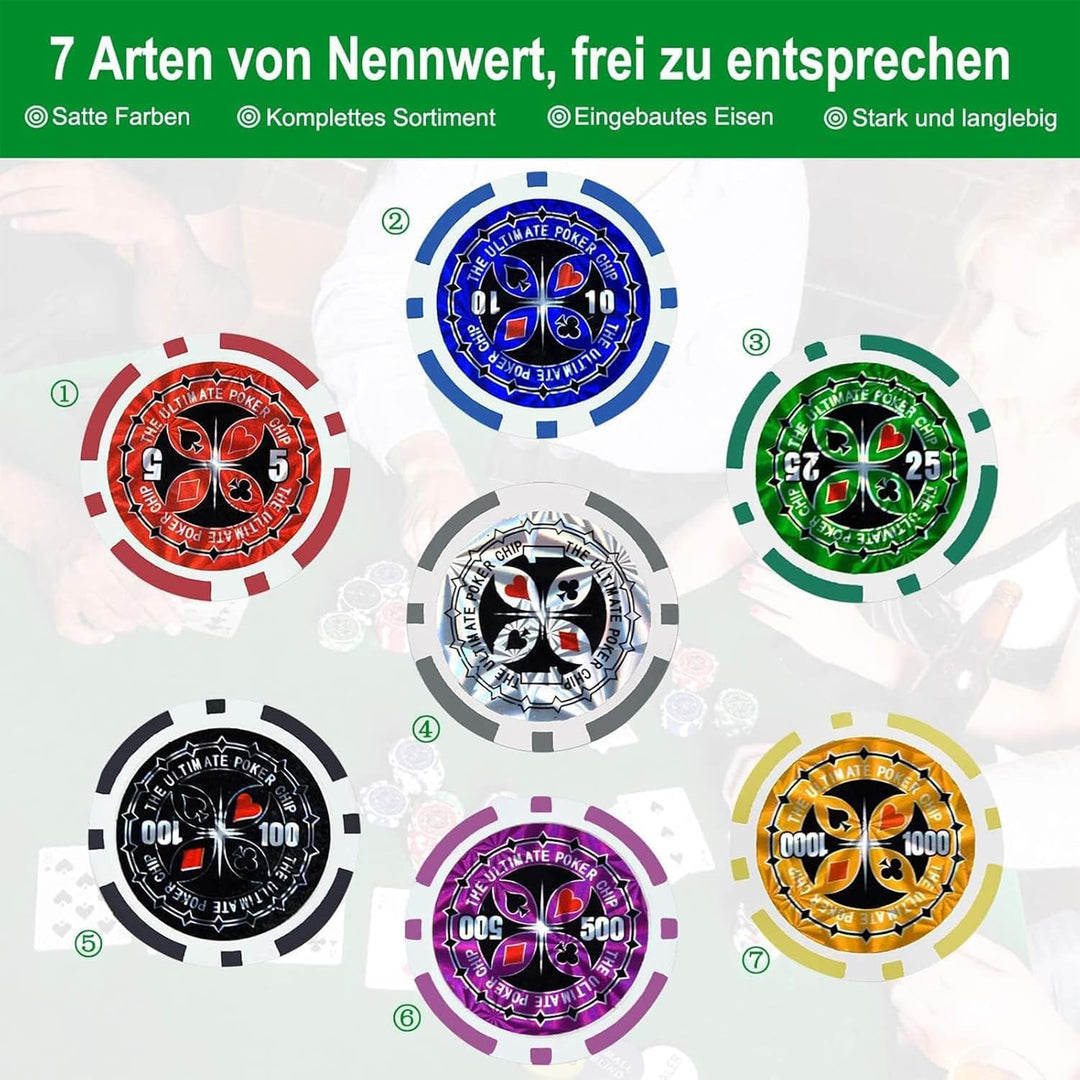 AufuN Pokerkoffer 500 Chips Laser Pokerchips 12 Gramm Metallkern, inkl. 2X Pokerdecks, 5X Würfel, De