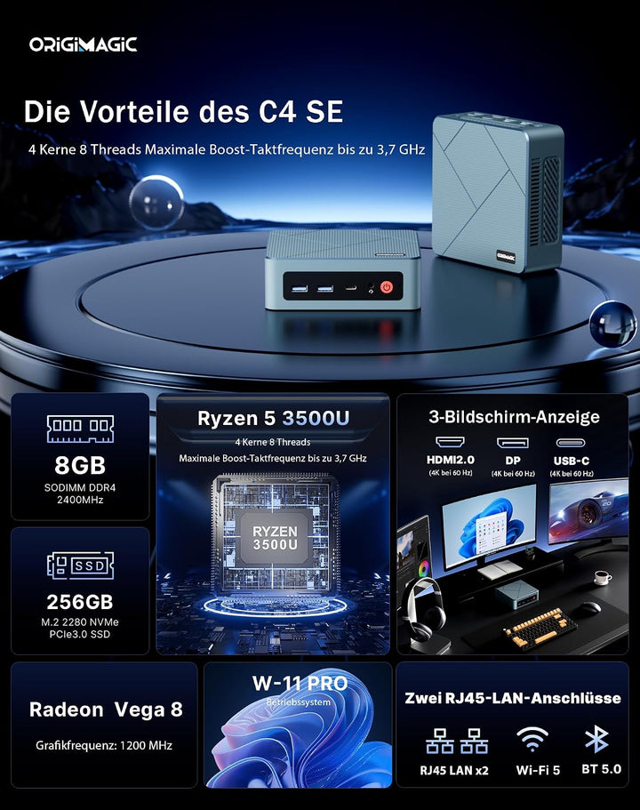 A3 Mini-PC Performance Ryzen 7 (4,9 GHz), 32 GB DDR5 Speicher, 1 TB SSD, 4 Bildschirme, perfekt für