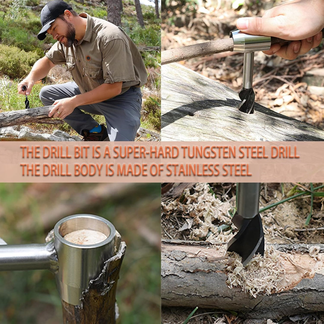 WhaleO Handbohrer Holz Handbohrmaschine mit Lederhülle, Handbohrer Bushcraft Manueller Überlebensboh