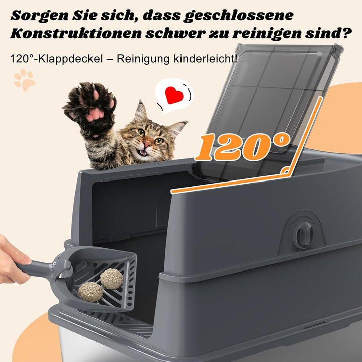 FURTIME Katzenklo Edelstahl mit Deckel, Katzentoilette Edelstahl Grosse XL Leicht zu Reinigen, Gesch