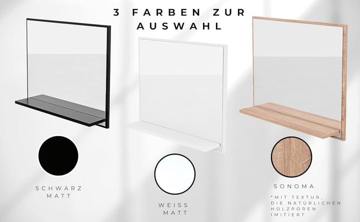 Badspiegel mit Ablage Schwarz - H:50 x B: 60 cm - Bathroom Mirror – Wandspiegel mit Regal – Badezimm