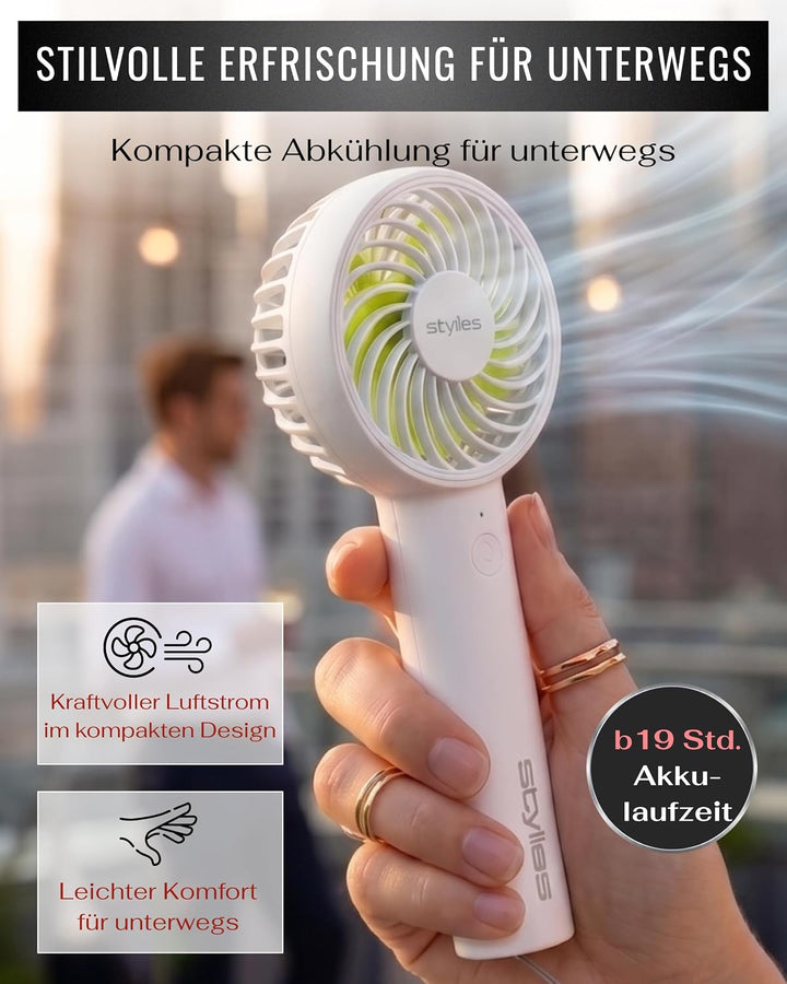 Premium Handventilator Akku aufladbar, Mini Ventilator für die Hand, Akku Ventilator mit 3 Stufen, 2