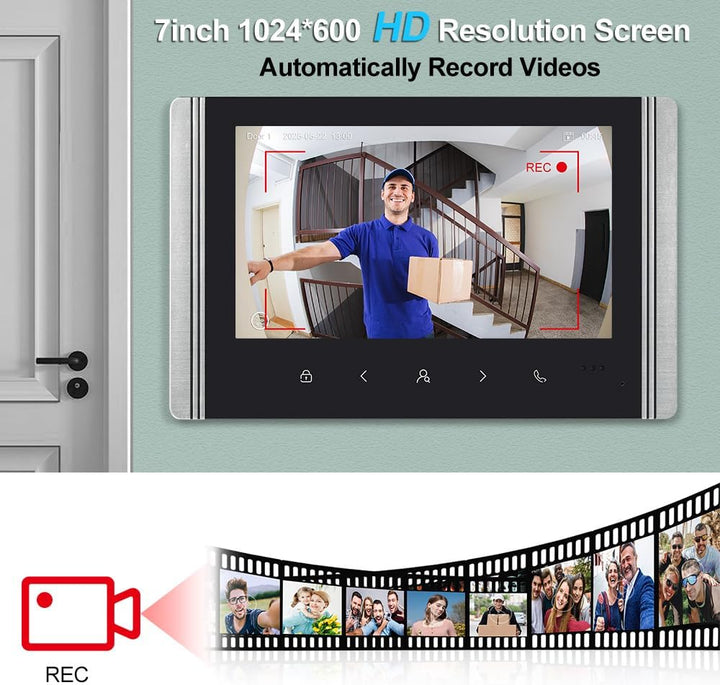 WLAN Video-Intercom-System für Zuhause, 1080P HD Türglocke Kamera mit 2 Monitoren, 7 Zoll IPS Bildsc