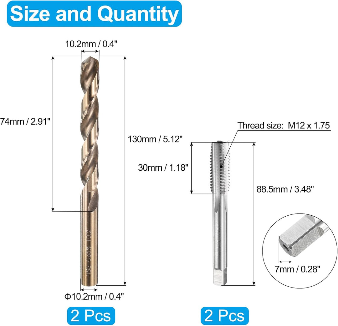 QUARKZMAN Gewindebohrer Set, 3 Stück M12 x 1,75 Metrische Gewindeschneidschrauben & 3 Stück 10,2 mm