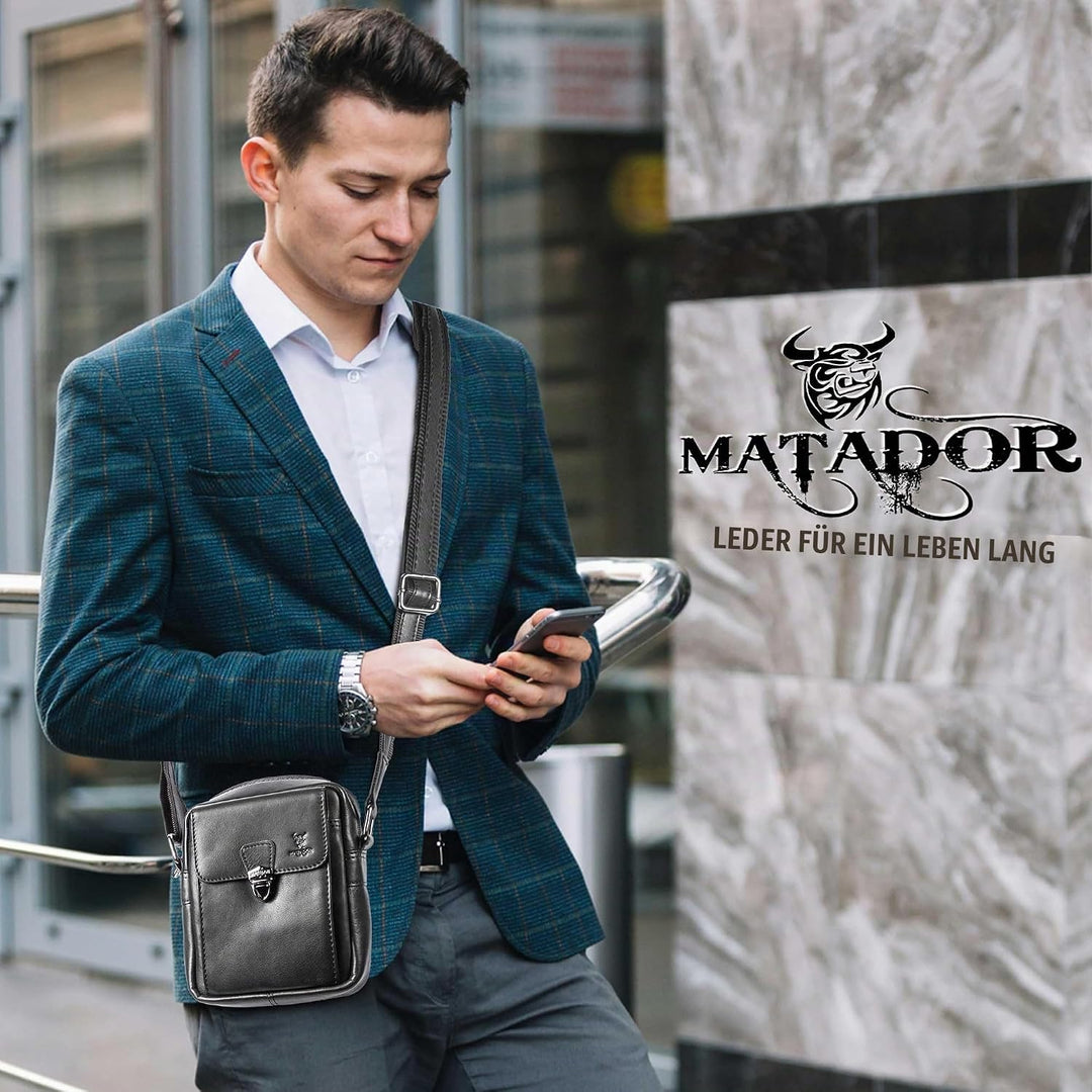 MATADOR kleine kompakte Leder Umhängetasche Herren Ledertasche Schultertasche Schwarz Nappa, Schwarz