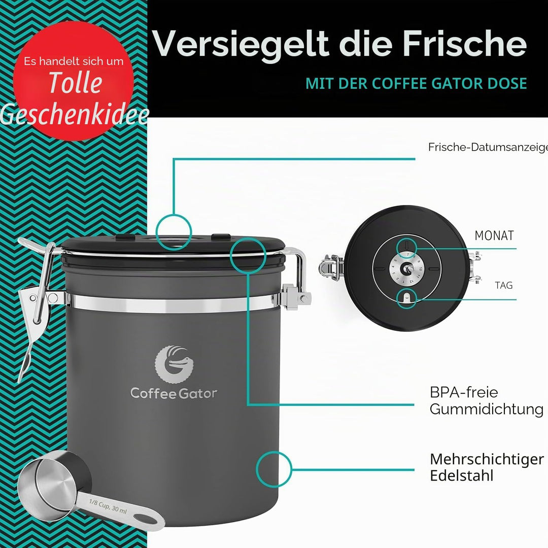 Coffee Gator Kaffeedose Luftdicht (Mittel 1,3 L) - Kaffeebohnen Behälter aus Edelstahl mit CO2-Venti