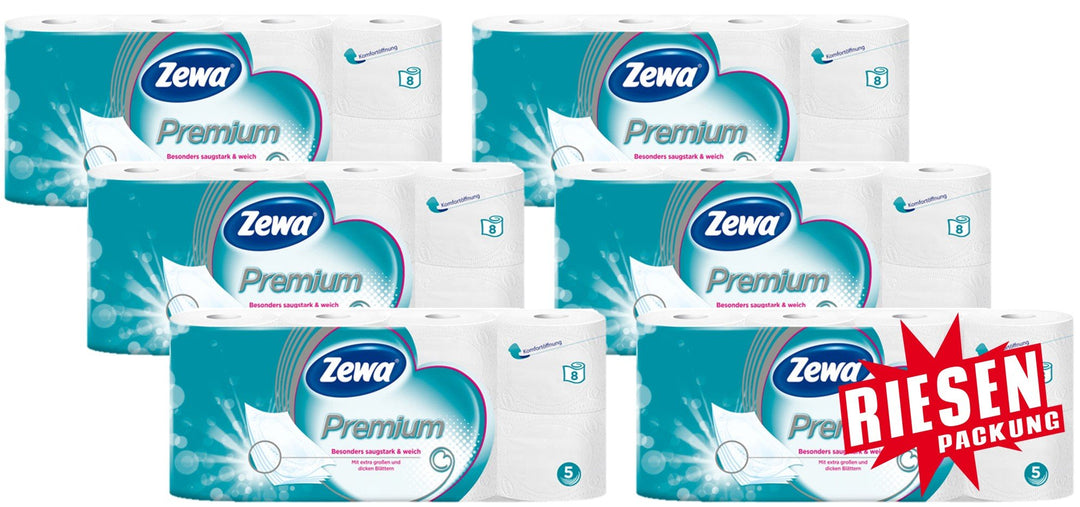Zewa Premium 5-lagiges Toilettenpapier Jumbo 6er Pack - 6x 8 Rollen à 110 Blatt Weiss 8 x 110, Weiss