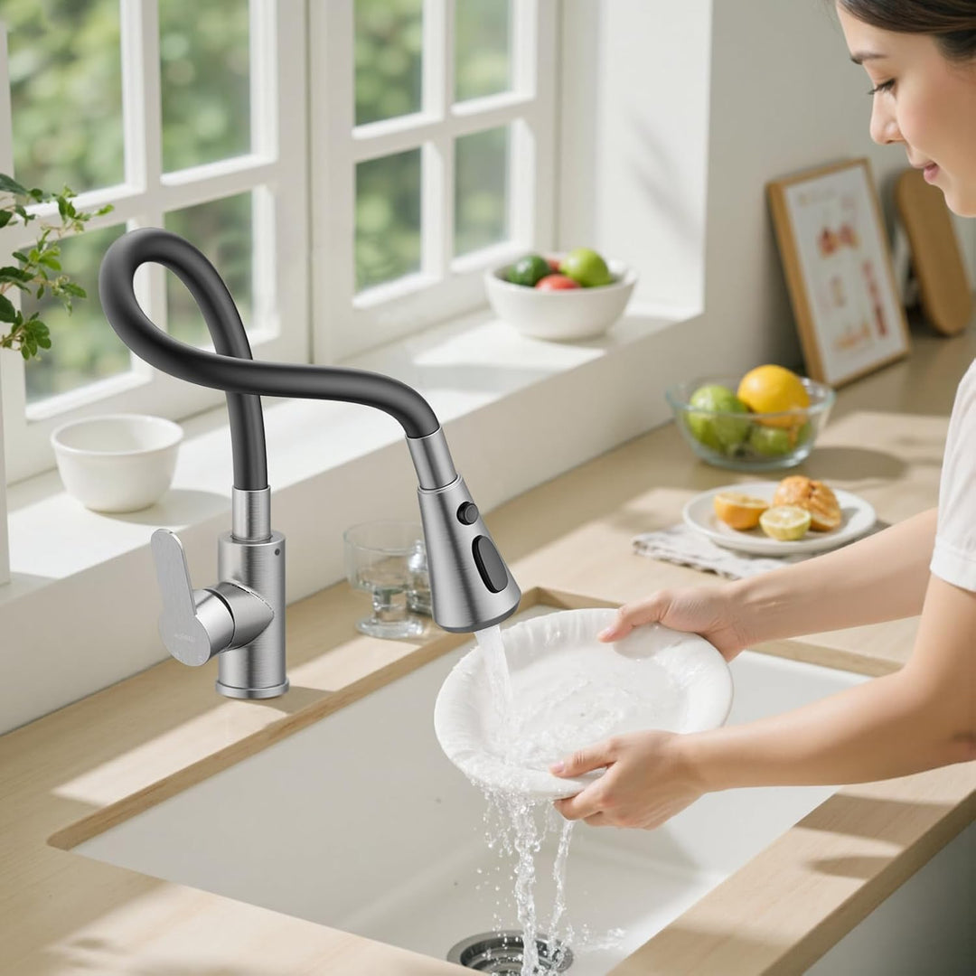 Hurran Flexibler Wasserhahn Küche mit 3 Sprühmodi, 360° Schwenkbare Küchenarmatur, Einhebelmischer a