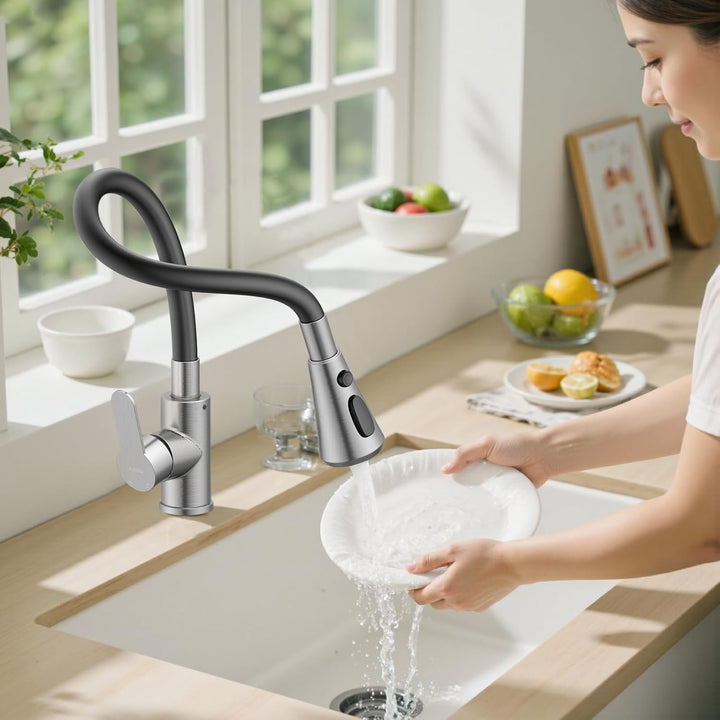 Hurran Flexibler Wasserhahn Küche mit 3 Sprühmodi, 360° Schwenkbare Küchenarmatur, Einhebelmischer a
