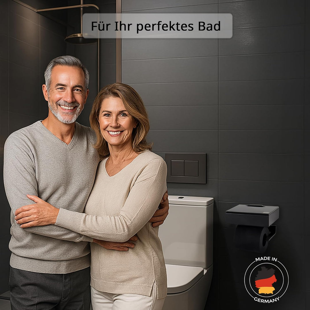 Toilettenpapierhalter mit Feuchttücherbox - Gehäuse Schwarz & Abdeckung Glas Schwarz - befüllbar von