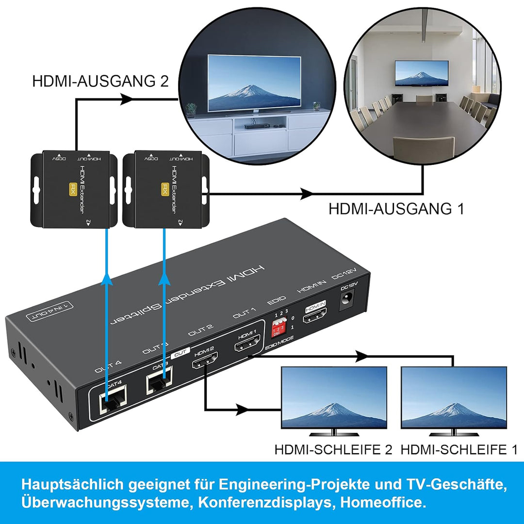 HDMI Extender Splitter über Cat5e/6 165ft 1 In 2 Out 1X2 Port Übertragung hinzufügen zwei Loop HDMI