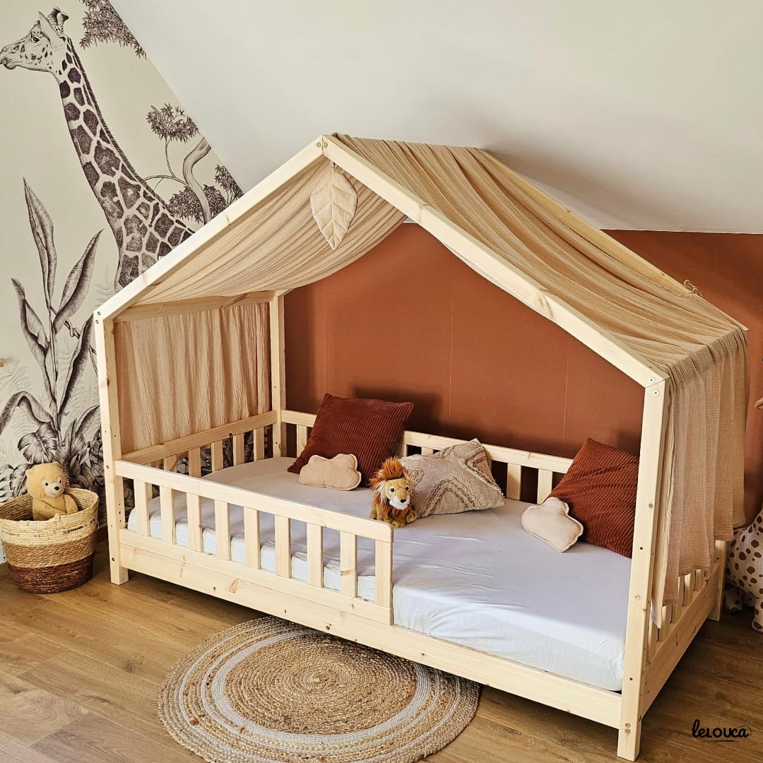 Hausbett Himmel, 100 x 350 cm, Betthimmel Hausbett aus Baumwolle Musselin Beige, Stoffhimmel für Kin