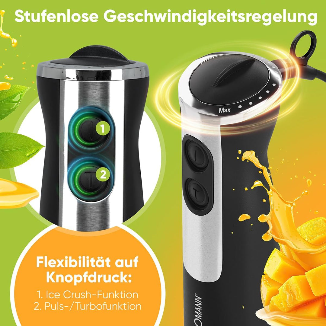 Bomann® Stabmixer 800 Watt mit Turbo-Funktion | Pürierstab mit Edelstahlmesser | 12 Stufen | für Bab