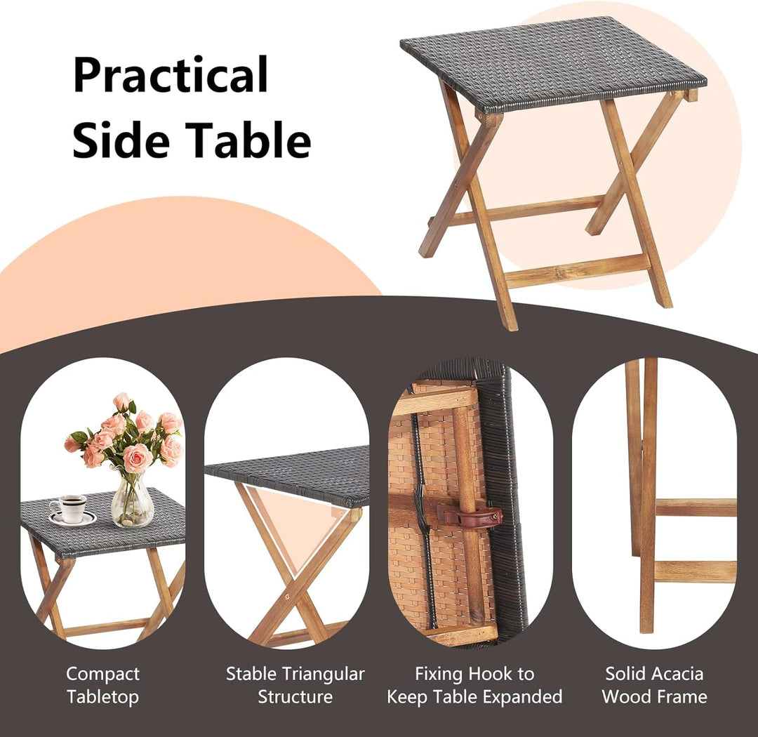 GIANTEX 2 in 1 Sonnenliege Rattan, Holz Liegestuhl Klappbar, Holzliegen Outdoor mit Beistelltisch, A