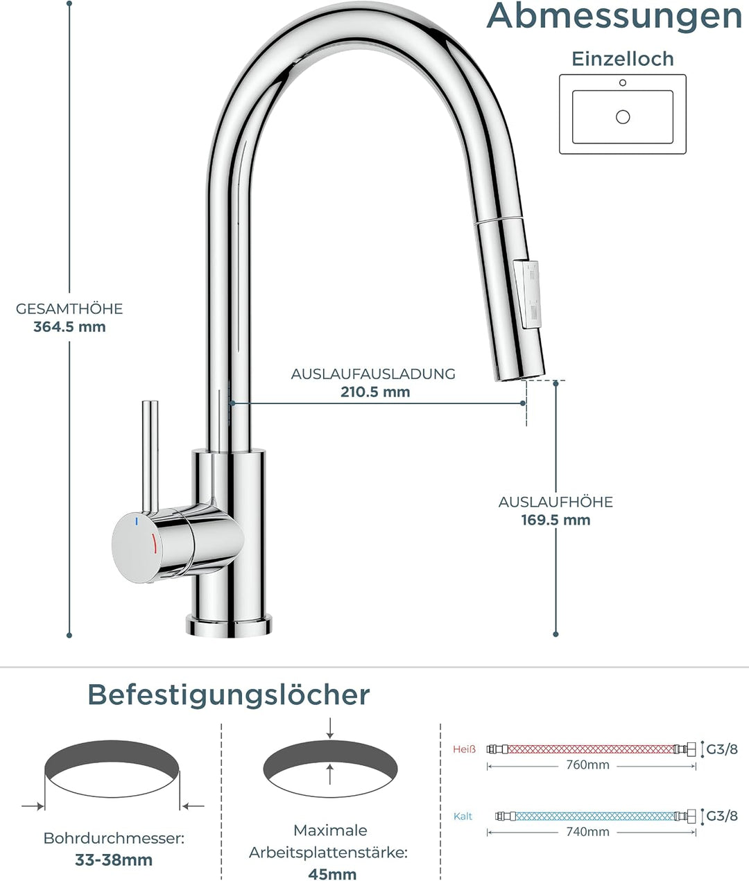 FORIOUS Niederdruck Küchenarmatur, Wasserhahn Küche mit Handbrause mit 2 Sprühmodi, 360 ° Drehbar, S