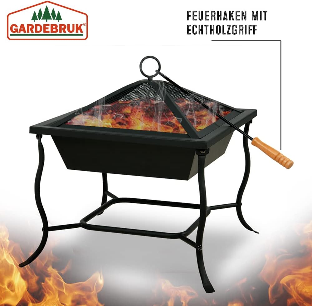 Deuba® Feuerschale mit Funkenschutz Schürhaken Eckig 45x45cm Modern Stahl Schwarz Terrasse Garten Ba